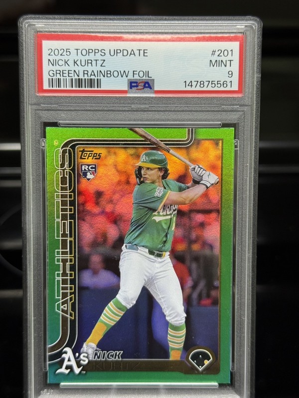 2025 Topps Nick Kurtz Rookie Card Green Rainbow Foil Colormatch /99 PSA 9