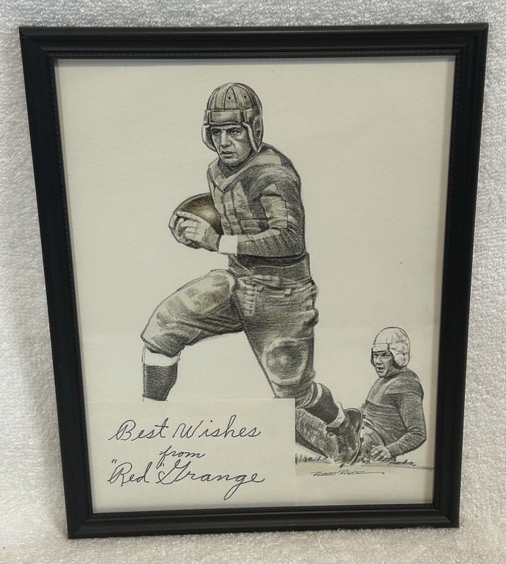 Awesome “Red” Grange Autograph & Art Print Illini & Chicago Bears Legend NFL HOF