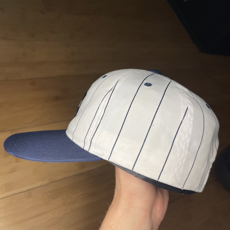 Vintage American Needle New York Yankees Pinstripe White Navy 90s Snapback Hat gallery