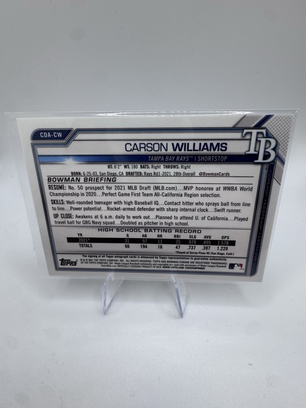 2021 Bowman Draft Carson Williams Chrome Auto RC 1st Prospect #CDA-CW Rays gallery