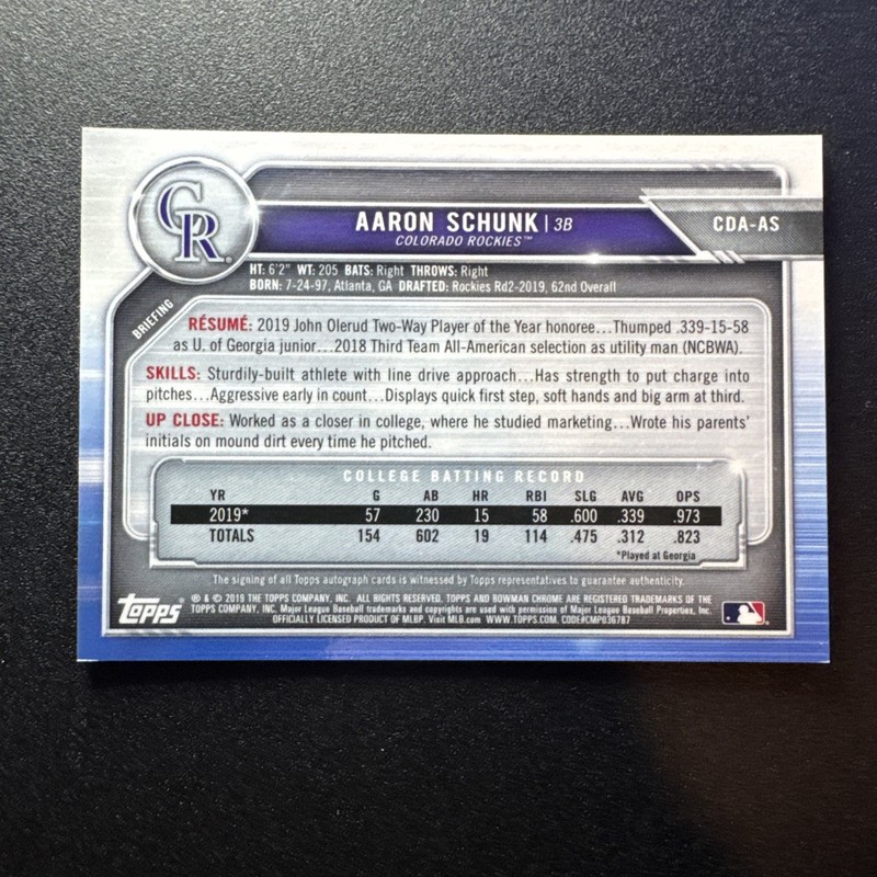 2019 Bowman Draft Aaron Schunk #CDA-AS Blue Wave 1st Chrome Auto /150 ROCKIES gallery