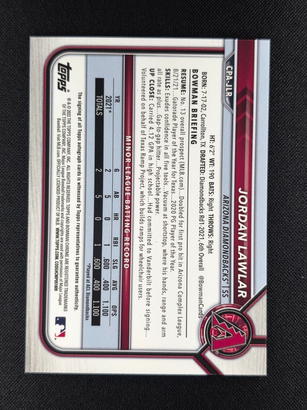 Jordan Lawlar 2022 Bowman Chrome Gold Shimmer Refractor AUTO 25/50 DIAMONDBACKS gallery
