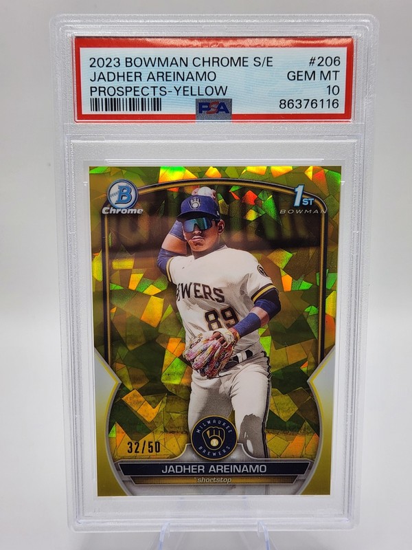 2023 BOWMAN CHROME 1ST YELLOW SAPPHIRE JADHER AREINAMO /50 PSA 10 RC GEM MINT MT