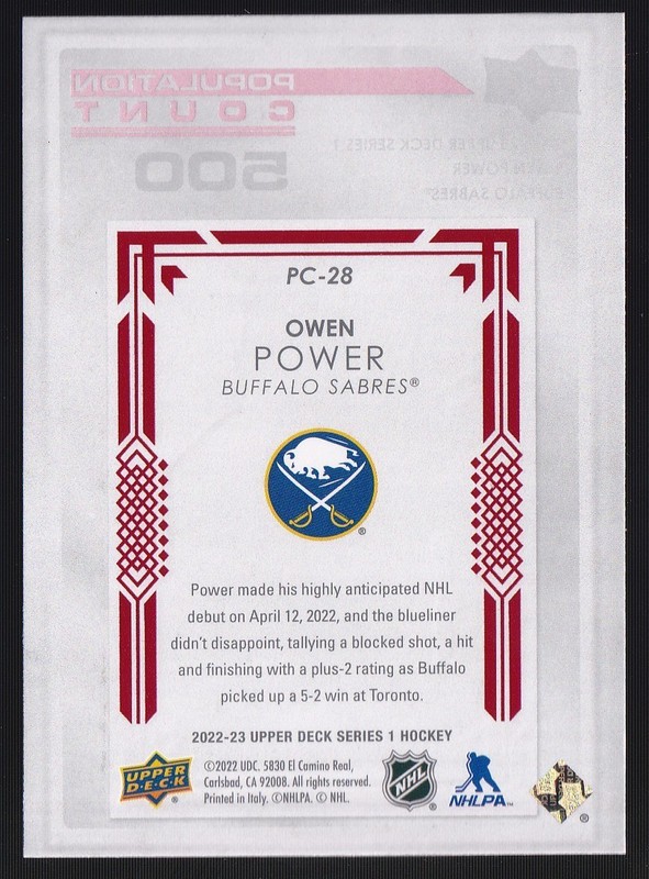 2022 Upper Deck Series 1 Population Count 500 /500 Owen Power #PC-28 Rookie RC gallery