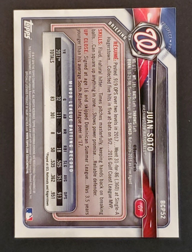 Juan Soto 2018 Bowman Chrome Prospects Rookie (RC) #BCP52 gallery