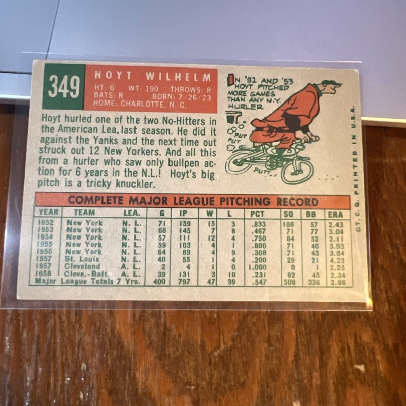 Hoyt Wilhelm 1959 Topps Baseball Card #349 HOF Baltimore Orioles VG Range Crease gallery