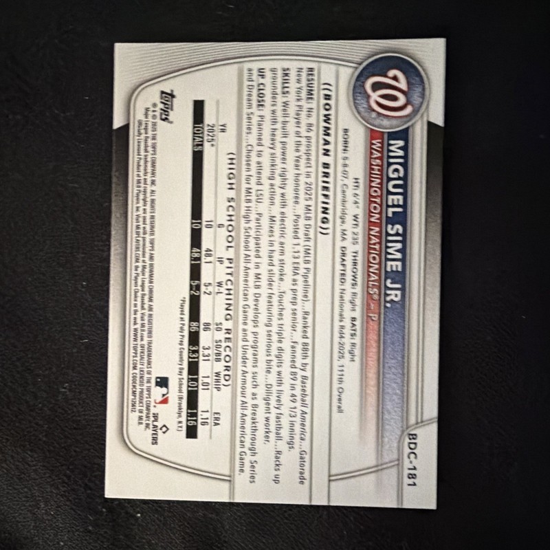 2025 Bowman Chrome Miguel Sime Jr. BDC-181 Green 40/99 Washington Nationals gallery