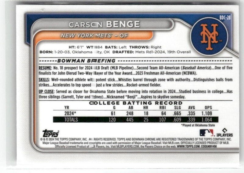 2024 Bowman Draft Carson Benge Chrome Base **READ** gallery