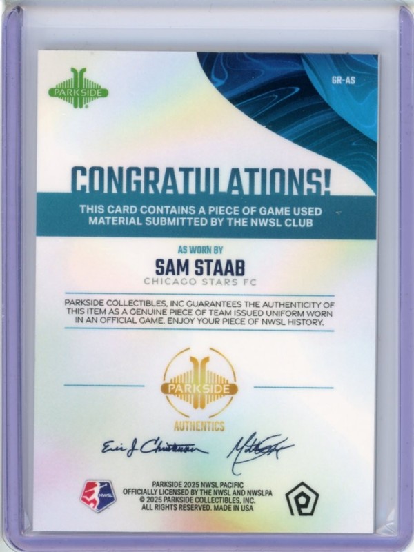 2025 PARKSIDE PACIFIC NWSL GAME WORN PATCH SAM STAAB gallery
