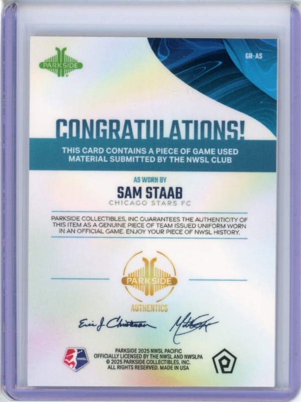 2025 PARKSIDE PACIFIC NWSL GAME WORN PATCH SAM STAAB gallery