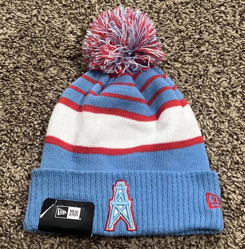New Era Tennessee Titans 2024 Throwback Stripes Pom Knit Beanie Houston Oilers