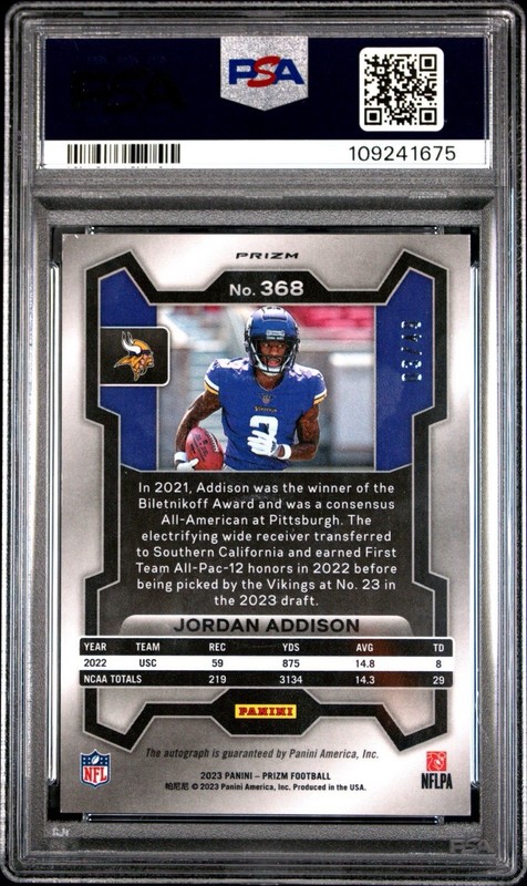 2023 Prizm- Rookies Jordan Addison #368 Autographs Purple Power 3/49 -Jersey # gallery
