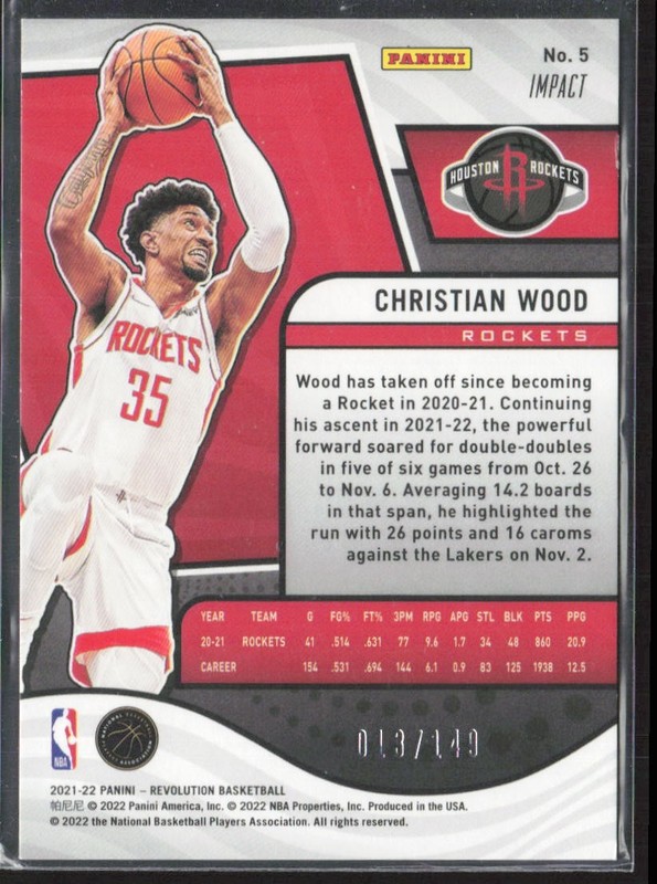 2021-22 Panini Revolution #5 Christian Wood Impact #/149 Houston Rockets (K) gallery