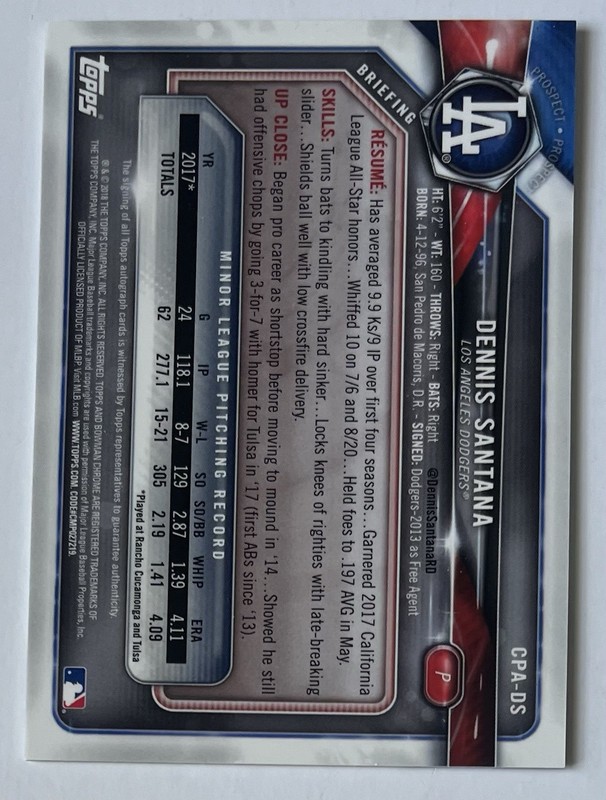 Dennis Santana Dodgers Pirates 2018 Bowman Chrome Auto Autograph Rookie RC gallery