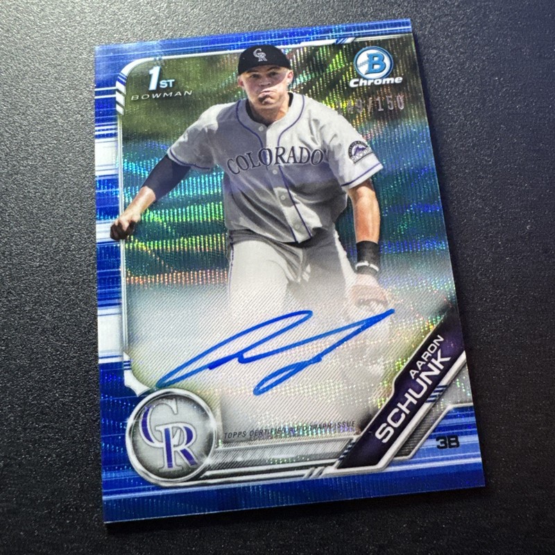 2019 Bowman Draft Aaron Schunk #CDA-AS Blue Wave 1st Chrome Auto /150 ROCKIES gallery