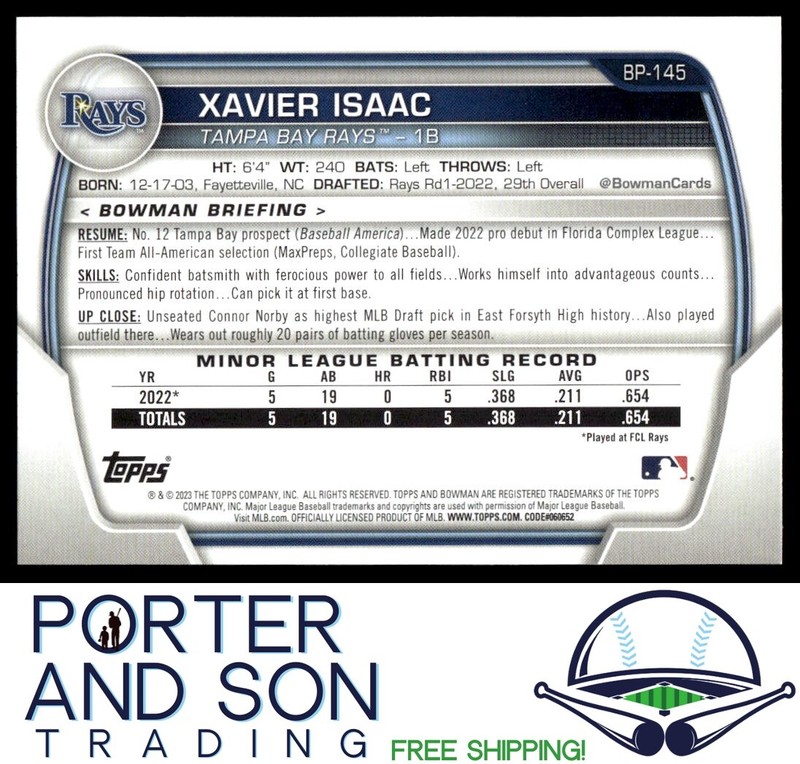 Xavier Isaac 2023 1st Bowman Prospects Green Pattern SN #BP-145 Tampa Bay Rays gallery
