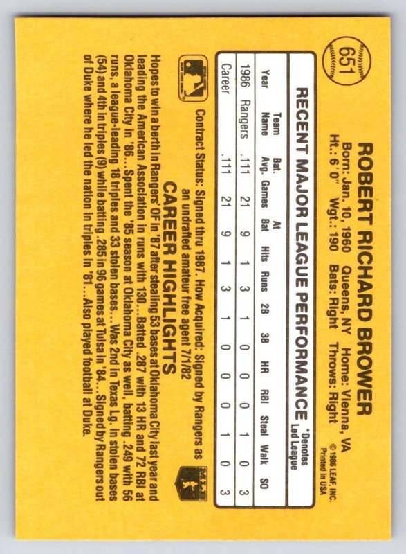 1987 Donruss - Bob Brower #651 - *Near Mint* gallery