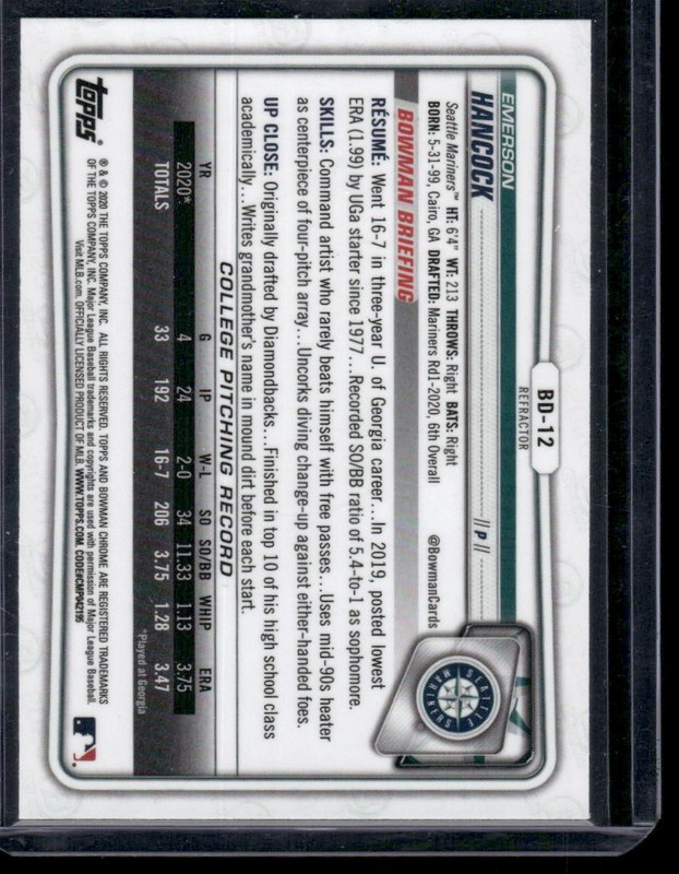 2020 Bowman Draft #BD-12 Emerson Hancock Chrome Refractor gallery
