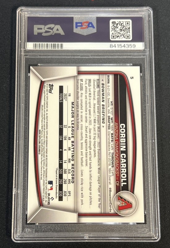 2023 Bowman Chrome Sapphire Corbin Carroll Rookie SP Yellow /50 PSA 10 #5 GEM MT gallery