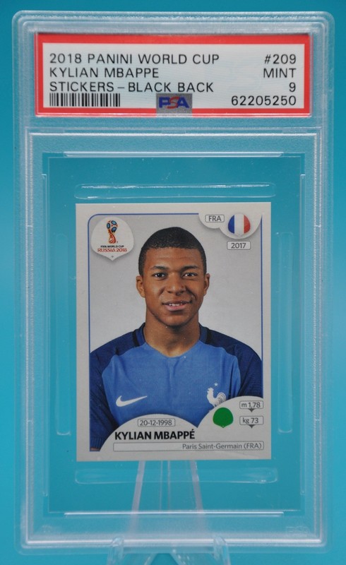 2018 Panini World Cup Kylian Mbappe PSA 9 Mint #209 Black Back Sticker RC