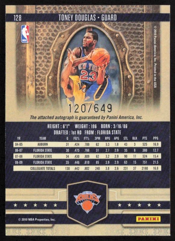 2009-10 Panini Court Kings Auto /649 Toney Douglas #128 Rookie Knicks gallery