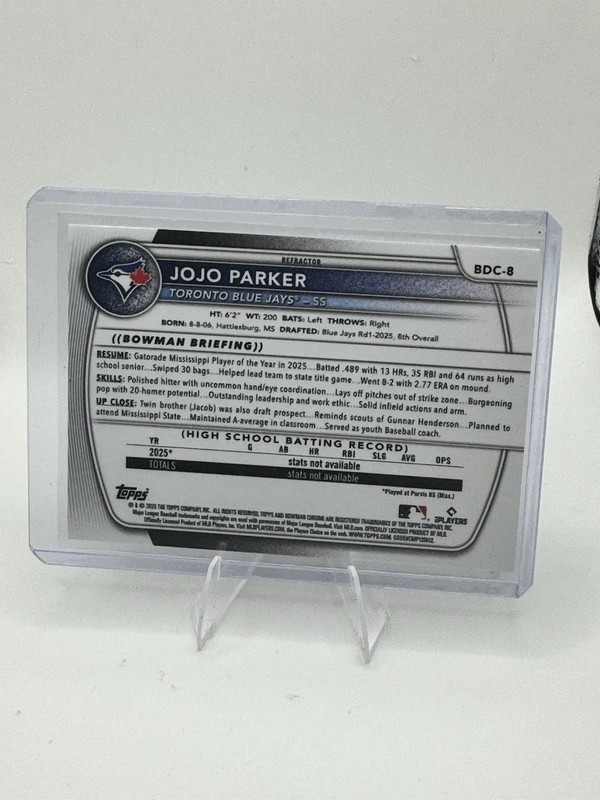 Topps 2025 Bowman Draft Prospect Rookie Refractor Jojo Parker Blue Jays BDC-8 gallery