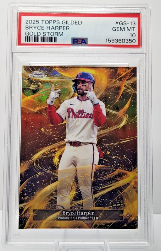 BRYCE HARPER 2025 TOPPS GILDED GOLD STORM CASE HIT SP /25 PHILLIES #GS-13 PSA 10
