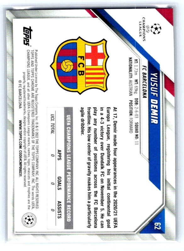 2021 3851D Topps Chrome UEFA Champions League Yusuf Demir Rookie FC Barcelo bX9d gallery