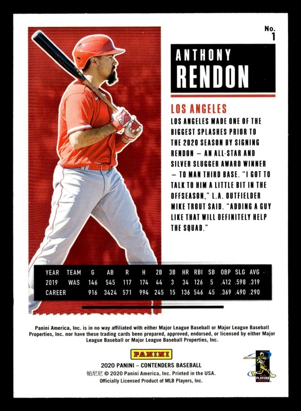 Anthony Rendon 2020 Panini Contenders #1 Los Angeles Angels BUY10GET5FREE gallery