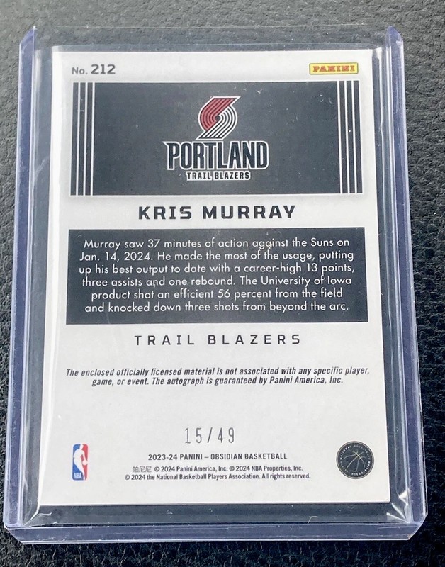 2023-24 Obsidian Basketball Magmatic Purple Flood Patch Auto Kris Murray /49 gallery
