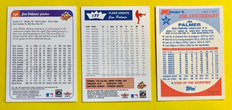 JIM PALMER Baltimore Orioles 3-Card Lot, HALL OF FAME, 3x CY YOUNG, 6x ALL-STAR gallery