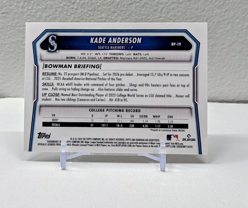 2026 Bowman Kade Anderson Gold Pattern Parallel /50 #BP-19 Mariners Prospect gallery