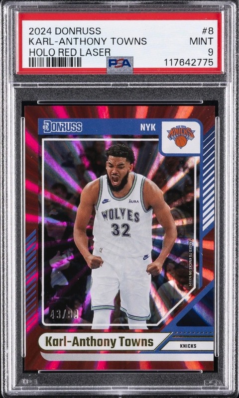 2024 KARL ANTHONY TOWNS PSA 9 PANINI DONRUSS HOLO RED LASER NY KNICKS #’d /99
