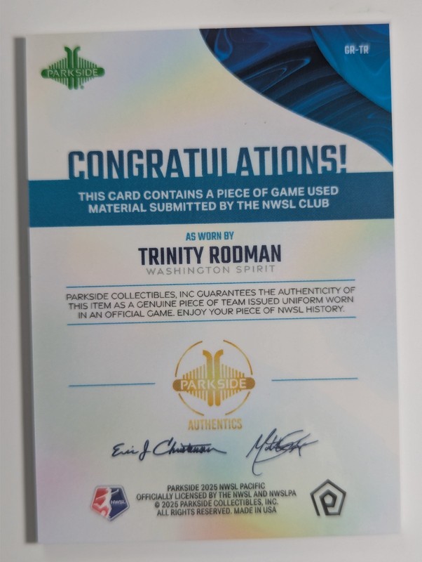 2025 Parkside NWSL Pacific Trinity Rodman Game Worn Relic QTY gallery