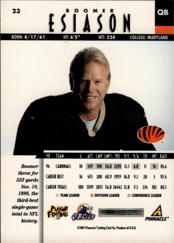 1997 Pinnacle [Base] - Boomer Esiason #23 - Bengals gallery