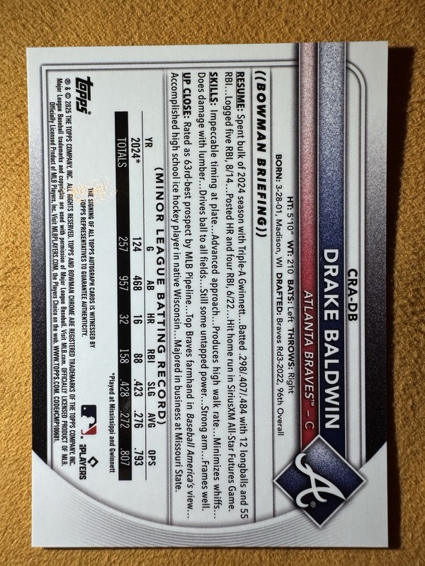 Topps 2025 Bowman Chrome Drake Baldwin Braves Rookie Auto RC #CRA-DB gallery