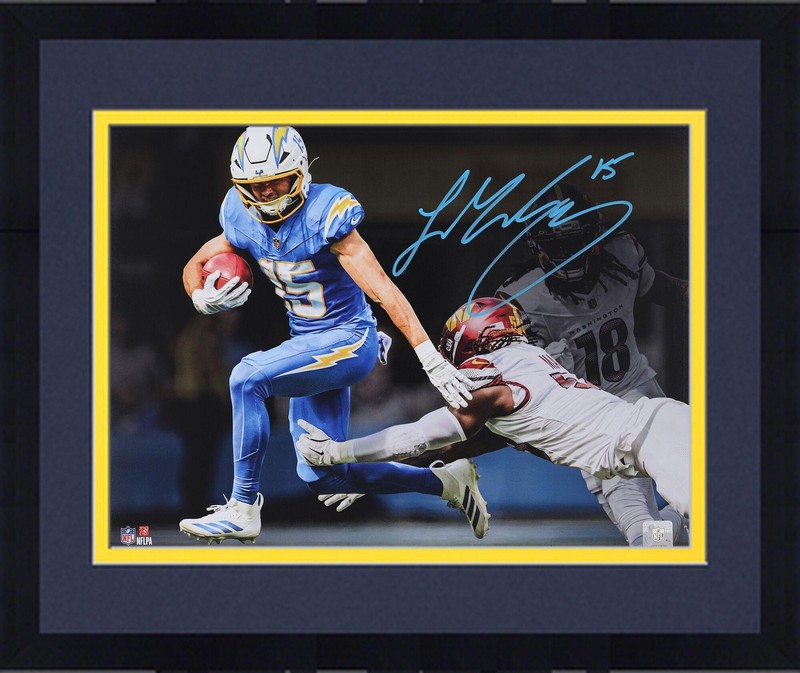 Framed Ladd McConkey Chargers Autographed 16×20 Juking Defender Spotlight Photo