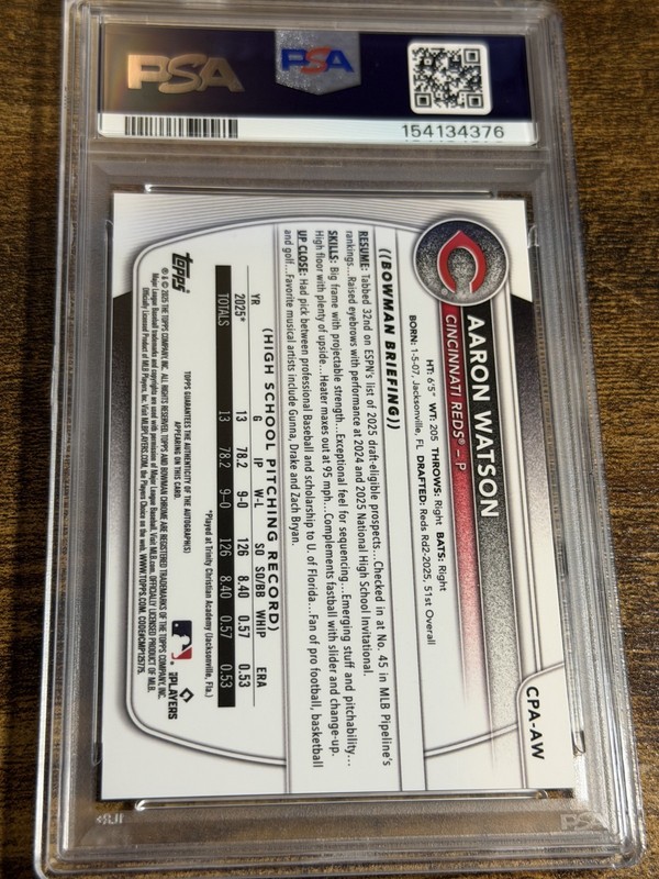AARON WATSON 2025 Bowman Draft #CPA-AW 1st Green Refractor Auto /99 PSA 9 gallery