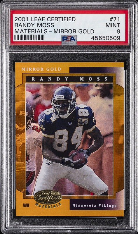 2001 LEAF CERTIFIED MATERIALS MIRROR GOLD #71 RANDY MOSS #/25 PSA 9