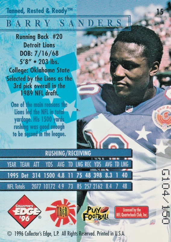 1996 Collector's Edge Tanned Rested And Ready Barry Sanders Gold #15 #/150 gallery