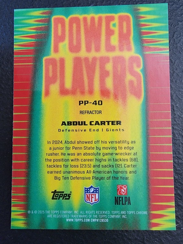 2025 Topps Chrome Football Abdul Carter PP-40 Power Players Refractor gallery