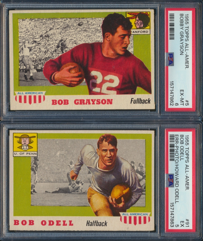 1955 TOPPS ALL-AMERICAN LOT OF 2 #5 GRAYSON PSA 6 EX-MT #91 ODELL PSA 5 EX