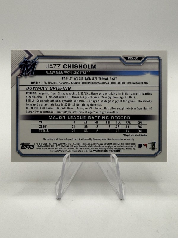 2021 Bowman Chrome Jazz Chisholm RC Rookie ON-CARD AUTO Orange Refractor /25 gallery