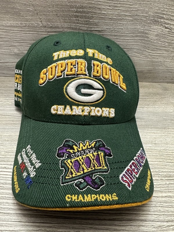 Vintage Green Bay Packers Three Time Super Bowl Champions Reebok Hat *See Detail
