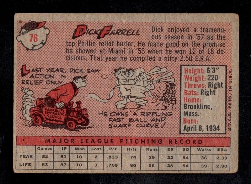 1958 Topps Baseball Card #76 Dick Farrell Philadelphia Phillies VG gallery