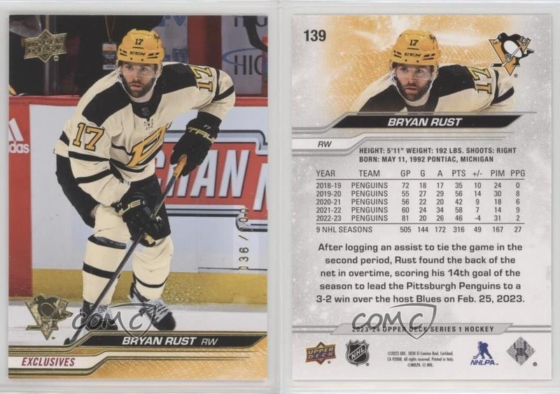 2023-24 Upper Deck Series 1 Exclusives 36/100 Bryan Rust #139 0k70 gallery