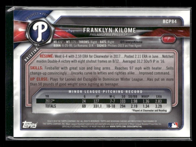 2018 Bowman #BCP84 Franklyn Kilome Chrome Prospects Blue Refractor #/150 gallery