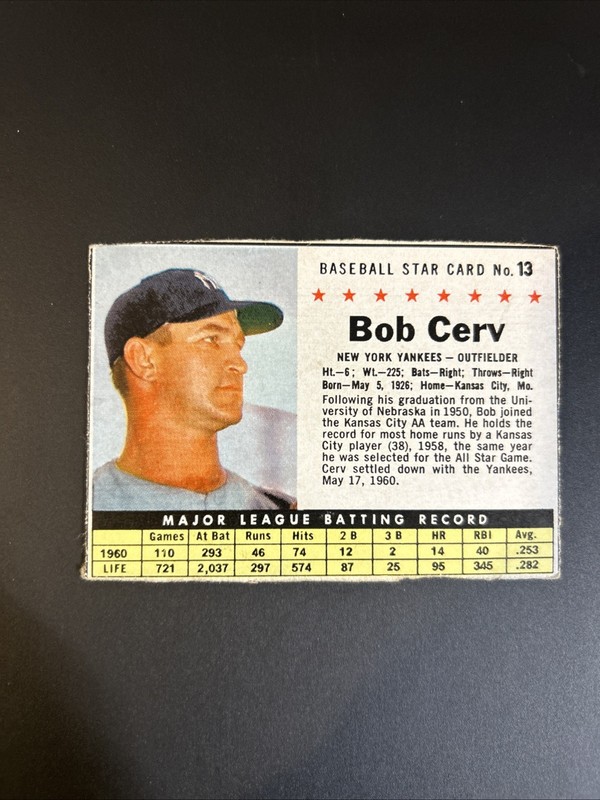 1961 Post – Bob Cerv #13 Hand Cut