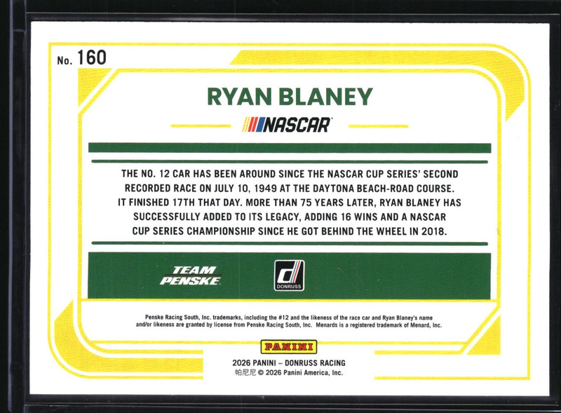 2026 Panini Donruss Racing - Rides - Ryan Blaney # 160 Blue /199 gallery