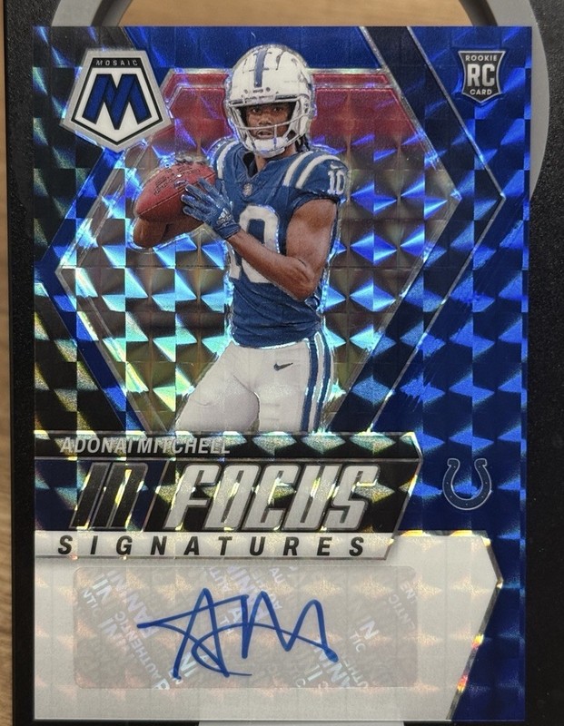 2024 Mosaic Adonai Mitchell Blue Prizm #/99 In Focus Signatures Auto RC Rookie